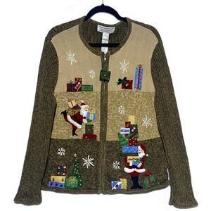 Tiara International Christmas Sweater Women's Extra Large Full Zip Brown